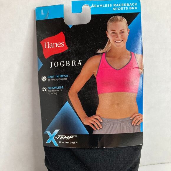 Hanes JogBra Racerback Sports Bra Large Black Ebony Seamless Knit in Mesh - Picture 1 of 6